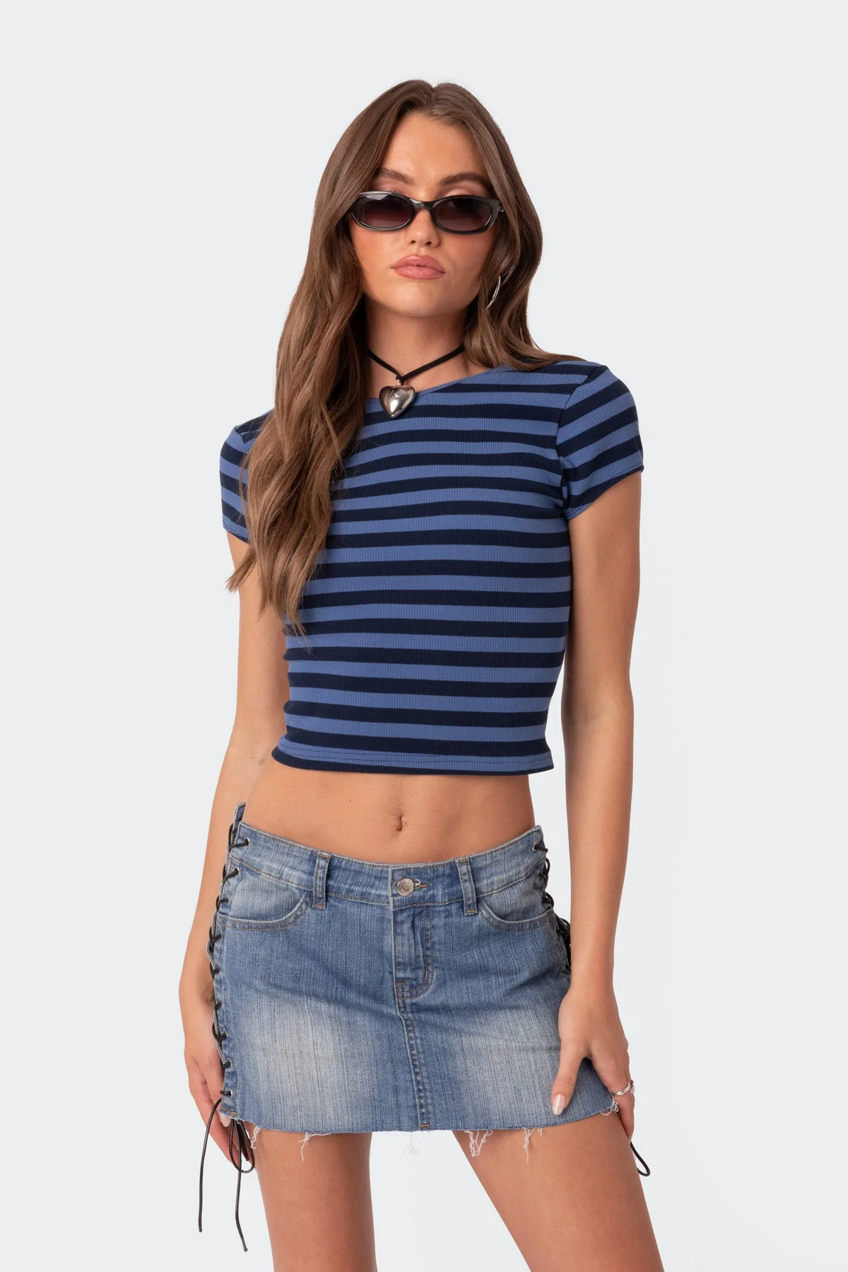 Blue and Navy Striped Open Back T-Shirt - Womens Cut-out Style