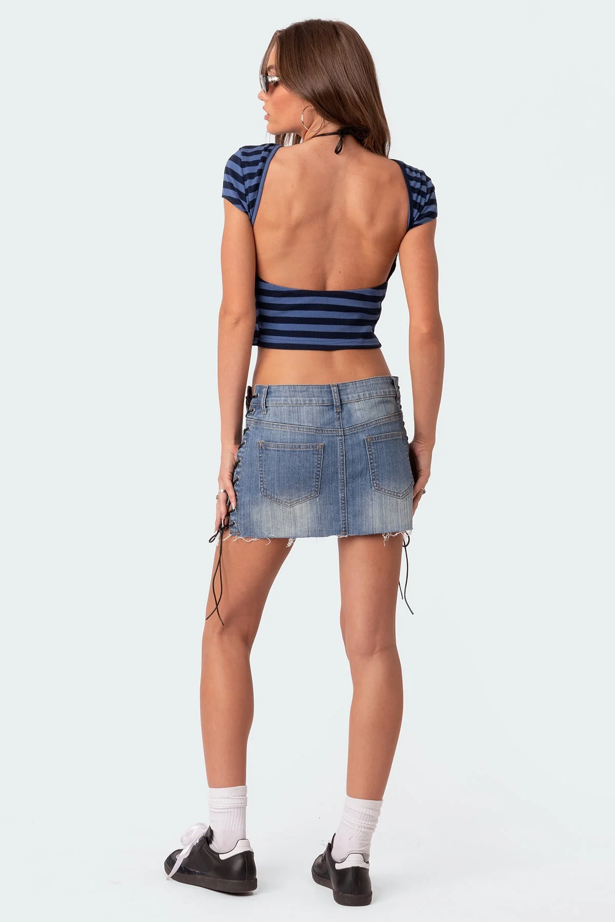 Blue and Navy Striped Open Back T-Shirt - Womens Cut-out Style