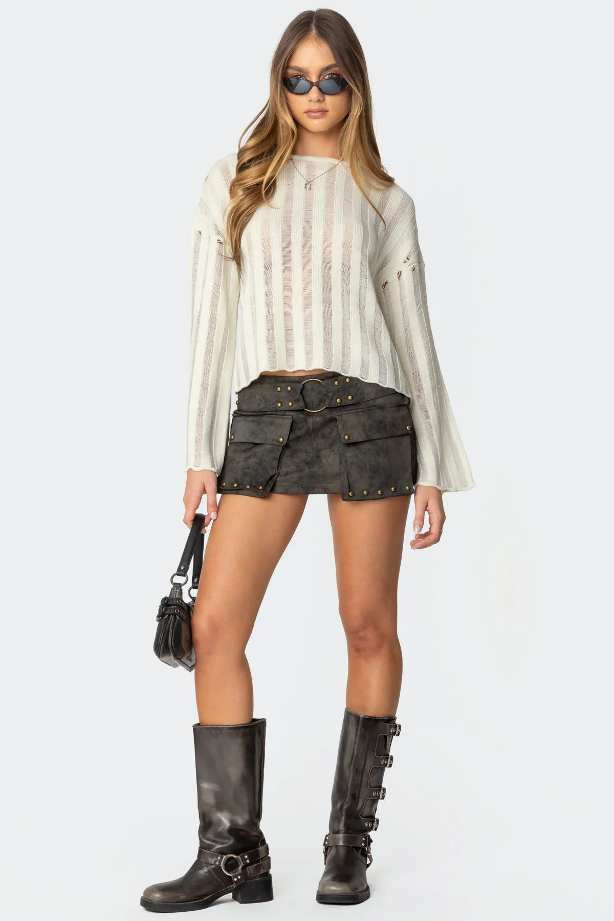 Studded Faux Leather Mini Skort in Dark Brown