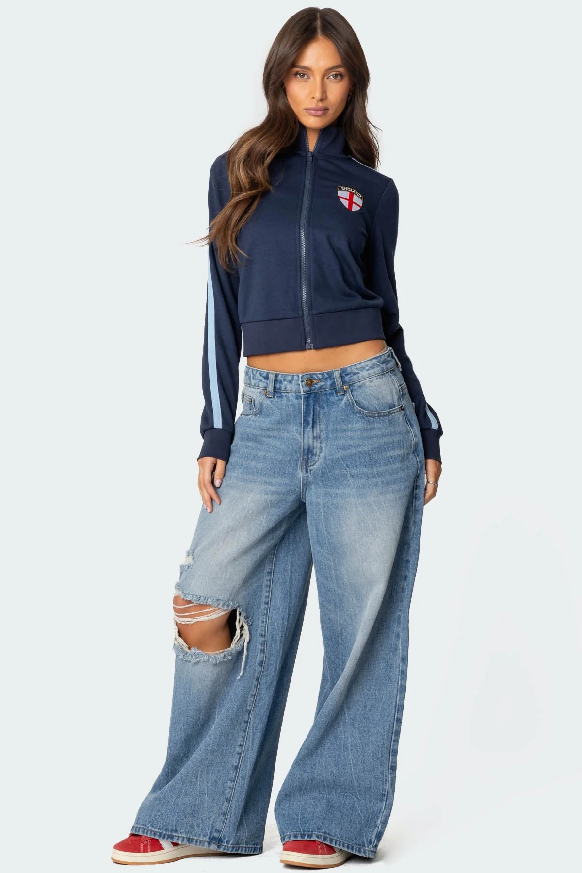 Blue Washed Low Rise Distressed Baggy Jeans