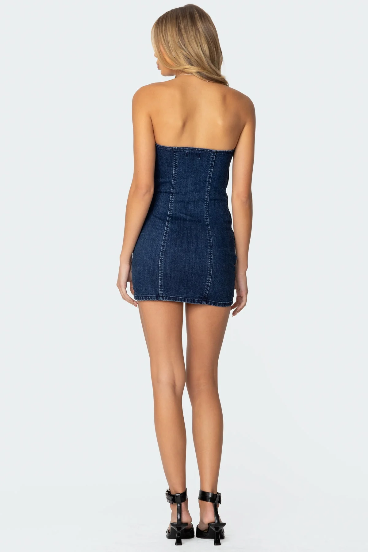 Dark Blue Ruched Strapless Mini Dress