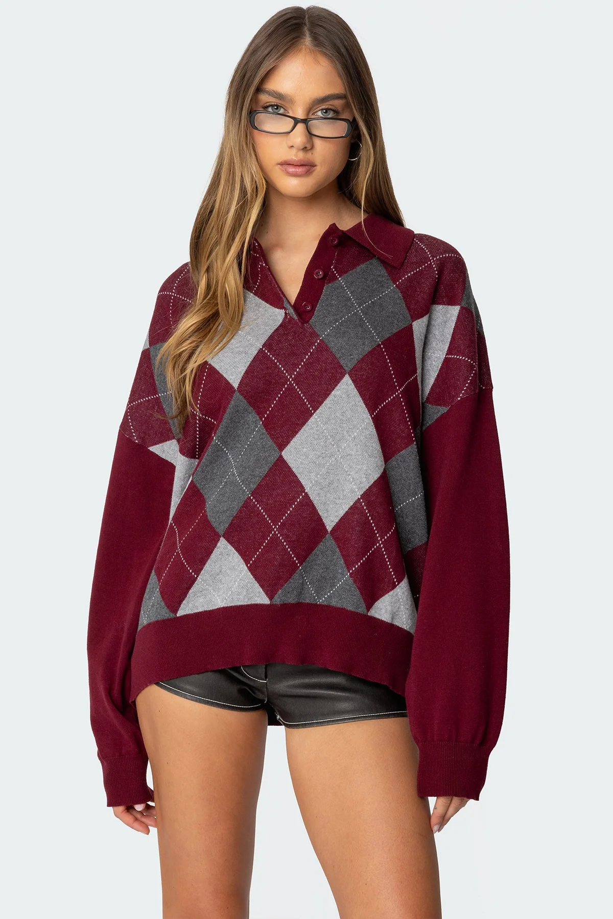 Burgundy Knit Oversized Sweater - Button Detail Polo Design