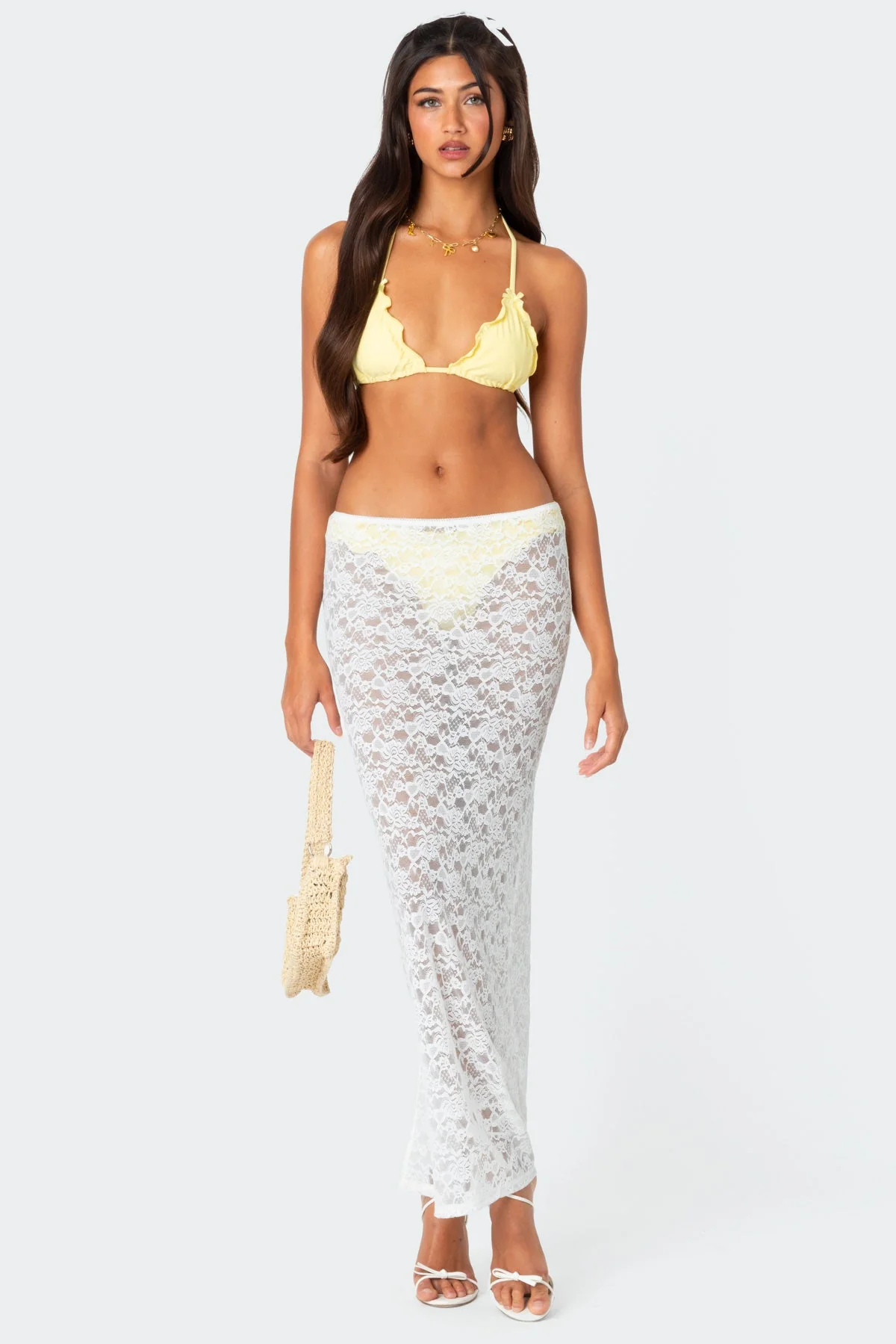 White Sheer Lace Maxi Skirt Dress