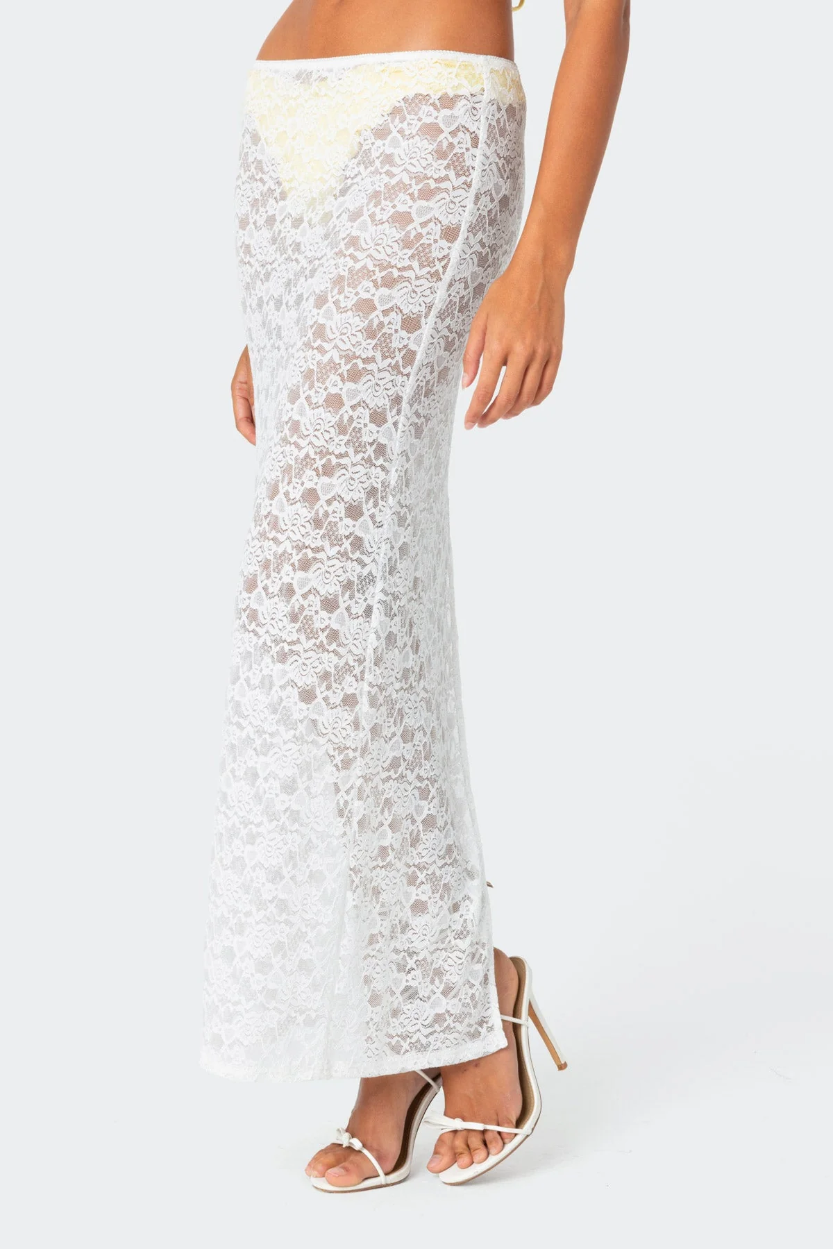 White Sheer Lace Maxi Skirt Dress