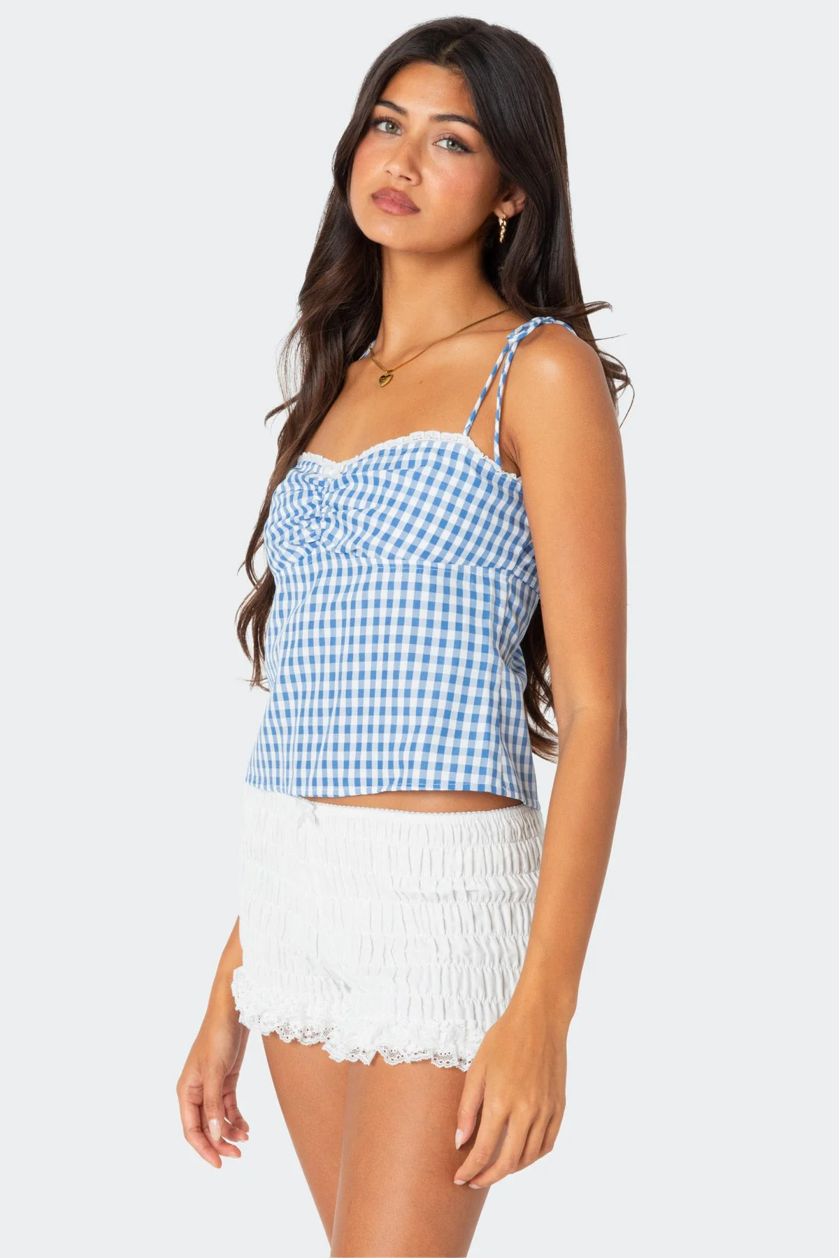 Gingham Tie Back Top with Lace Detail