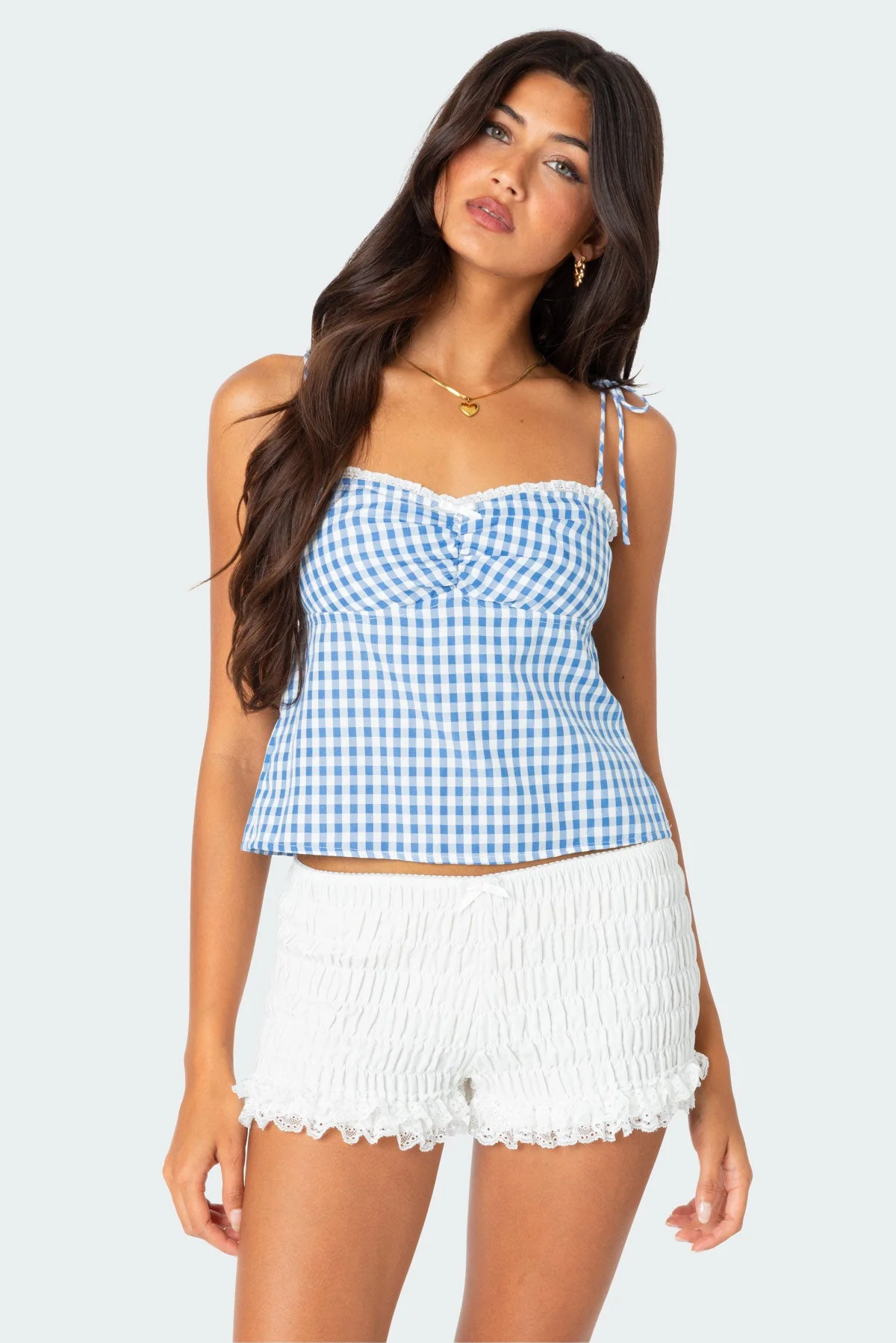 Gingham Tie Back Top with Lace Detail