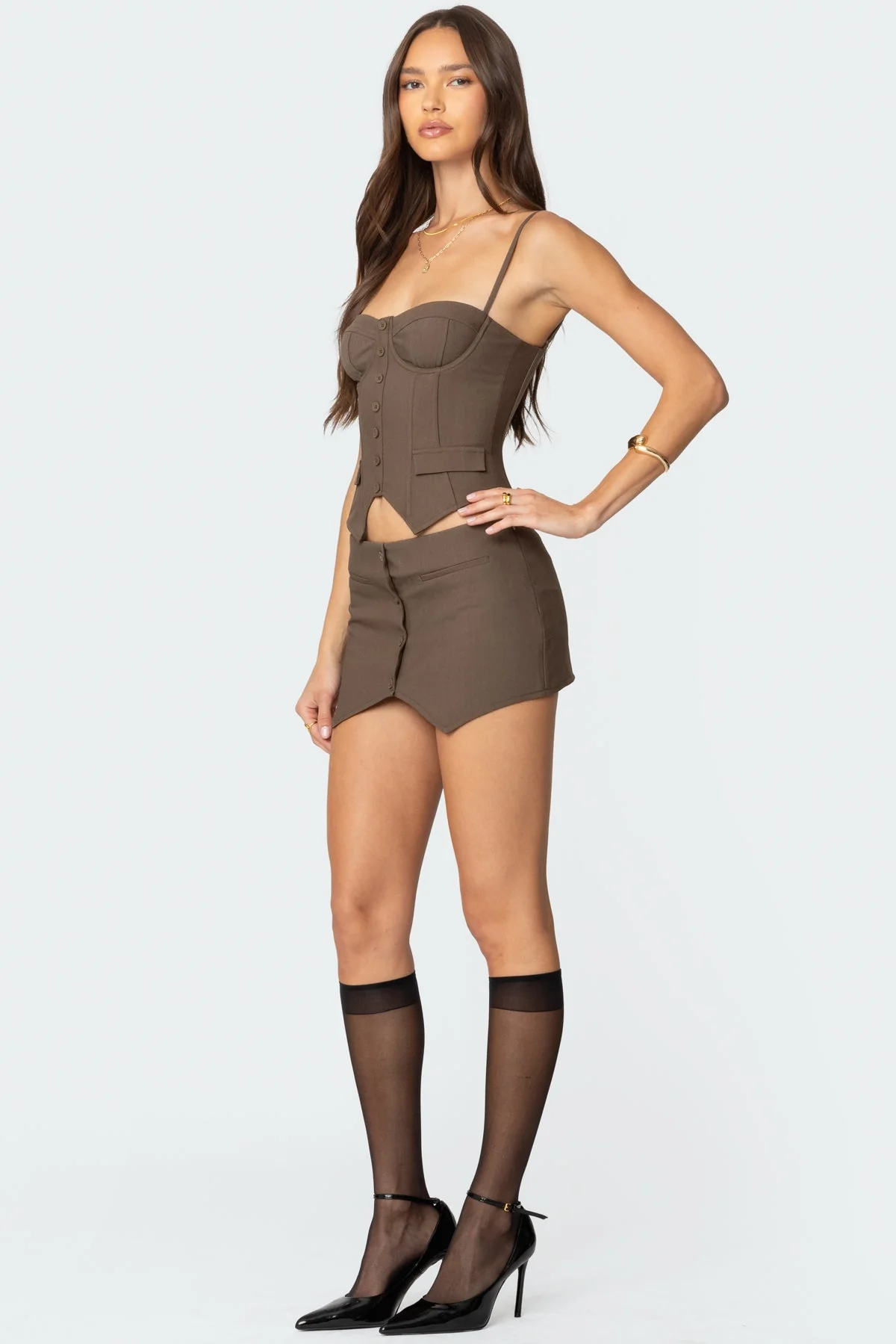 Brown Buttoned Mini Skort Dress with Asymmetric Hem