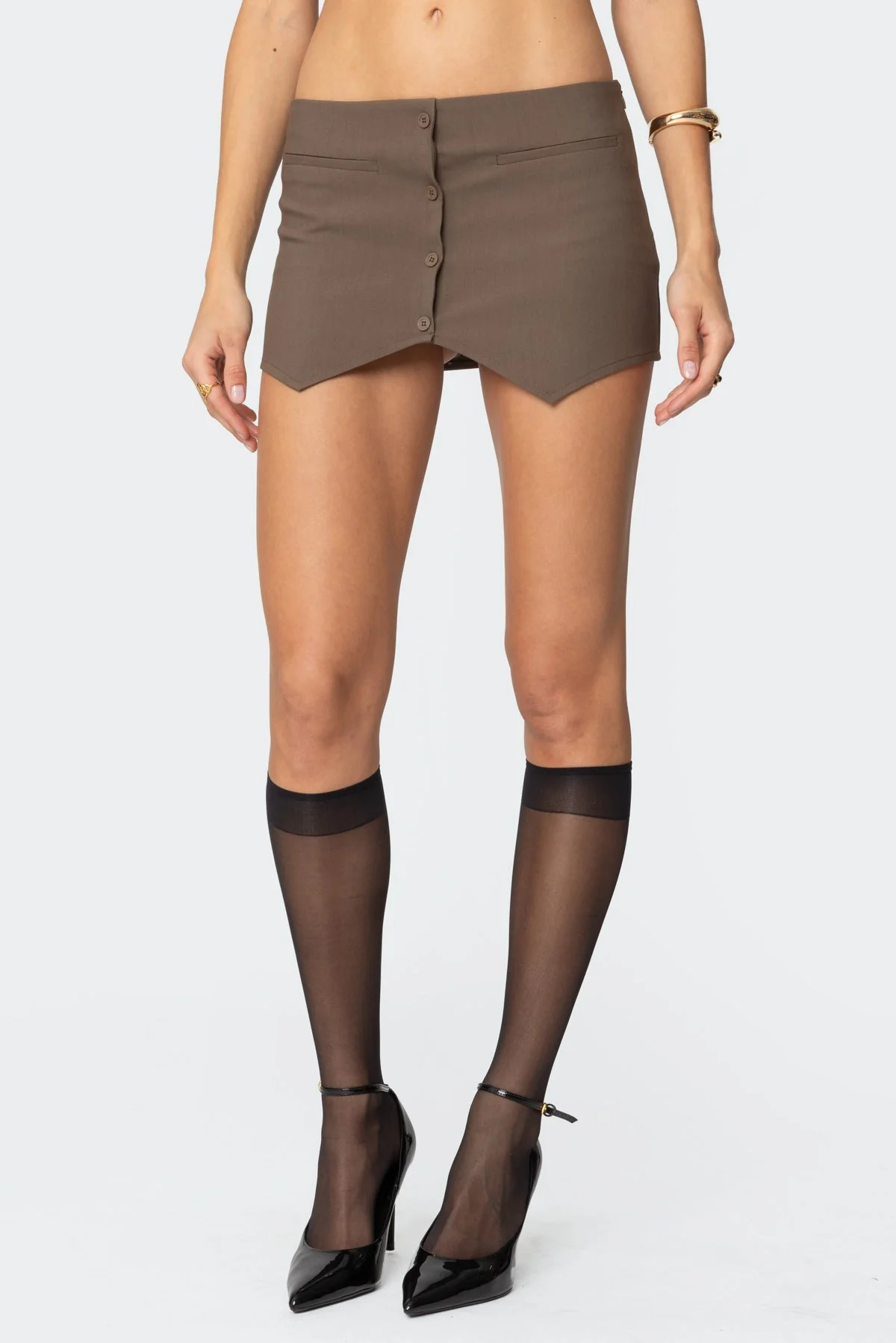 Brown Buttoned Mini Skort Dress with Asymmetric Hem