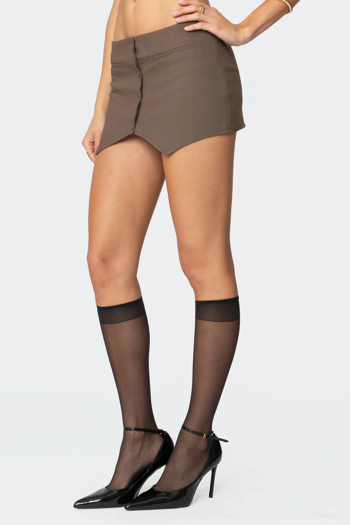 Brown Buttoned Mini Skort Dress with Asymmetric Hem