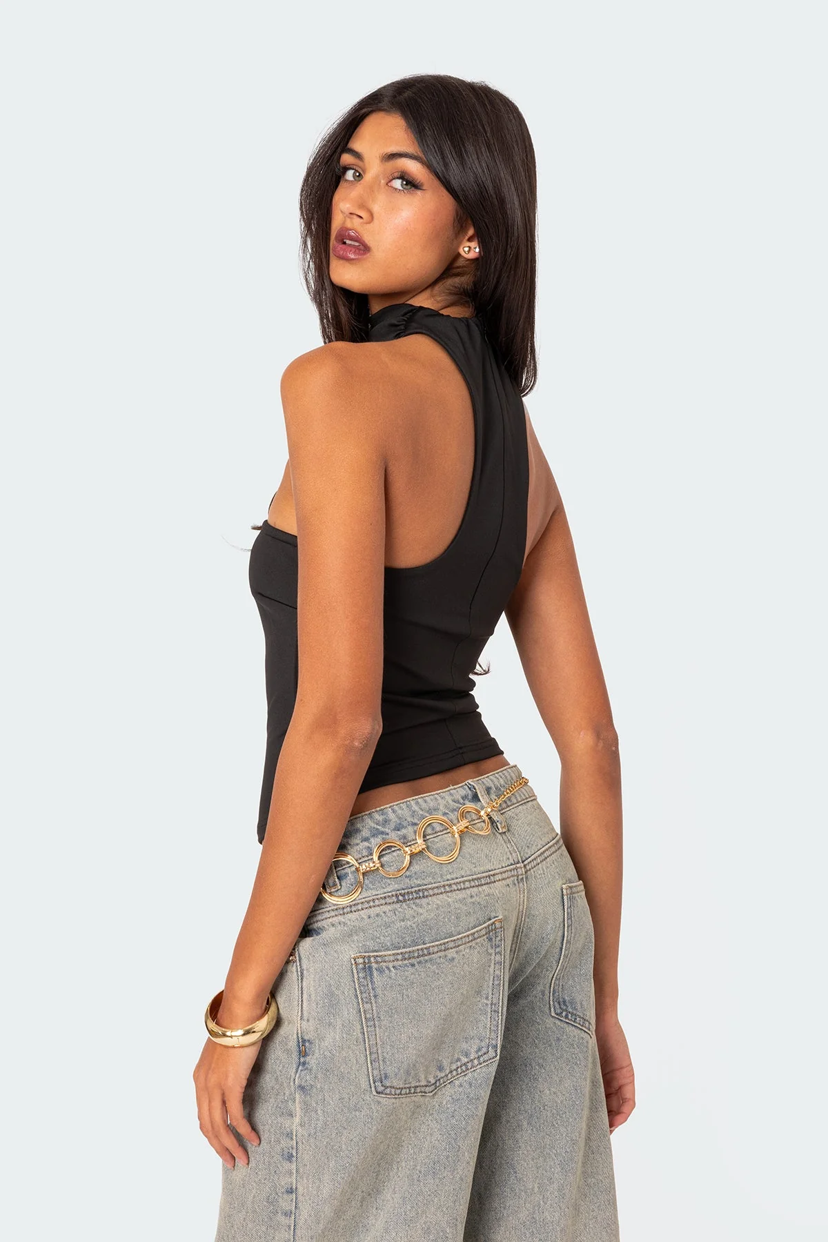 Black Choker Neck Top Womens Stylish Polyester Spandex