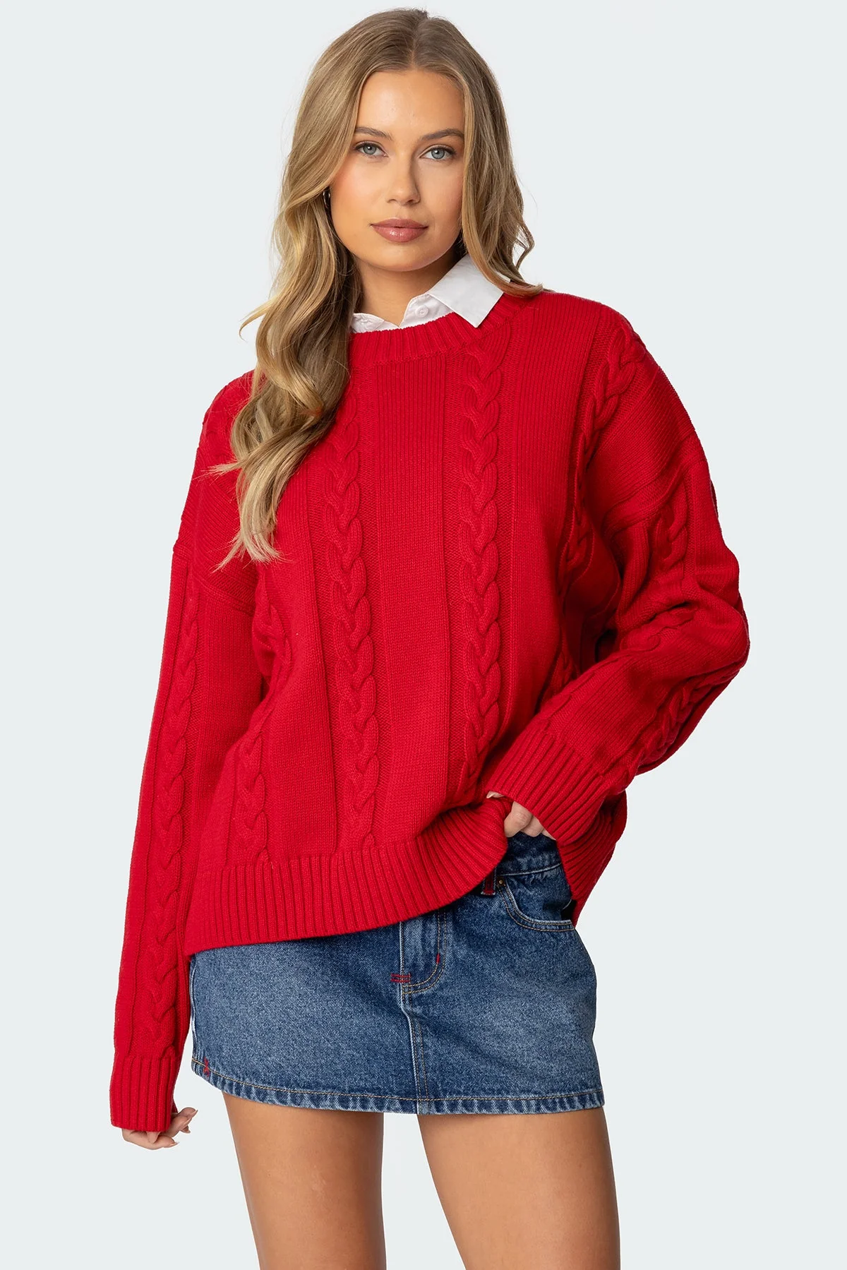 Red Cable Knit Oversized Sweater - Cozy Winter Fashion
