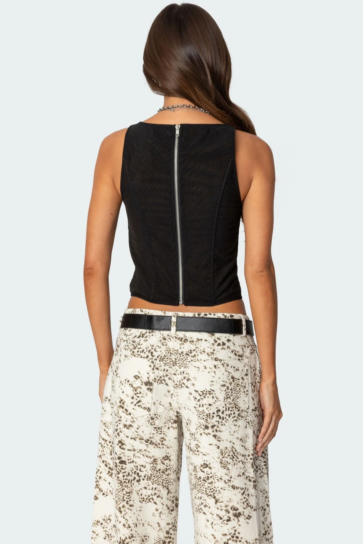 Black Mesh Corset Top with Zip Closure - Elegant Evening Wear