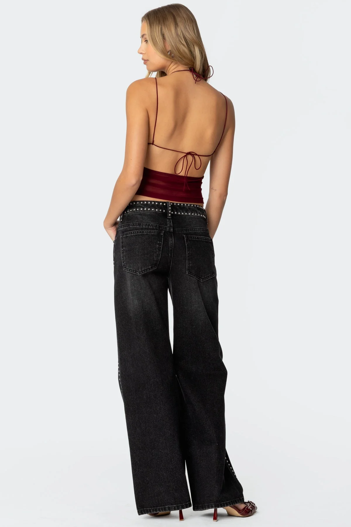 Burgundy Mesh Halter Top with Strappy Detail