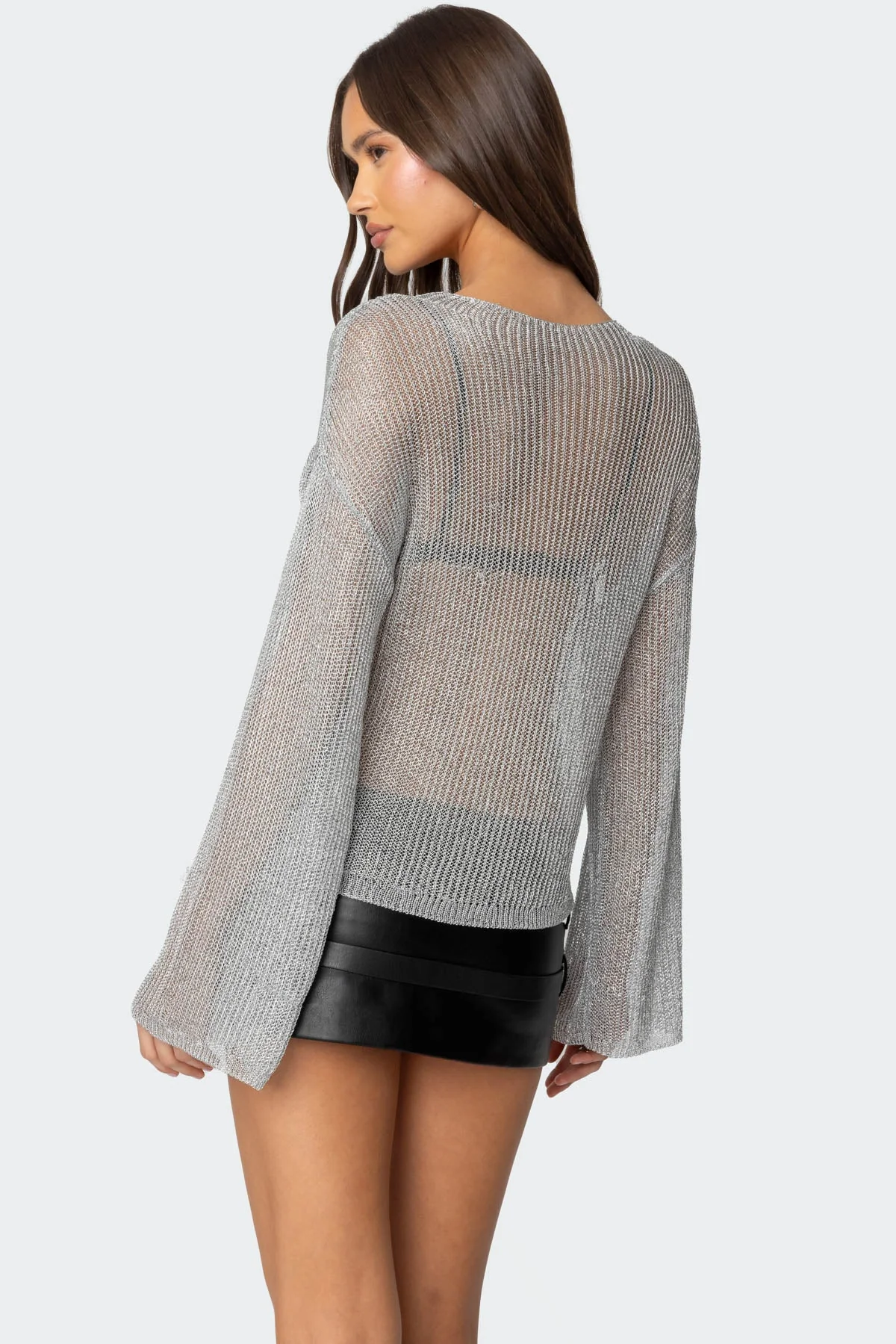 Silver Sheer Knit Sweater - Metallic Fibers, Drop Shoulder Design