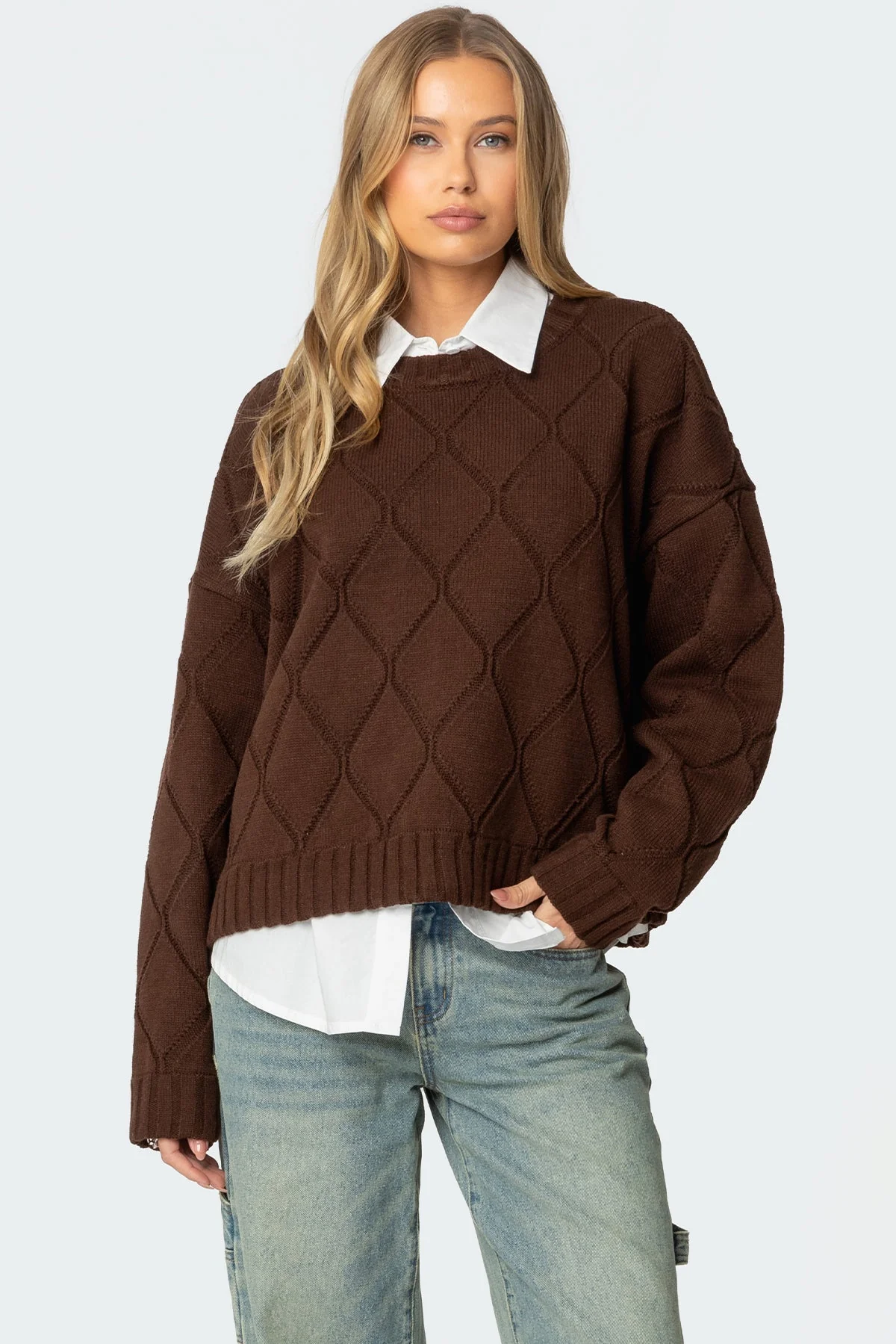 Brown Textured Knit Oversized Sweater