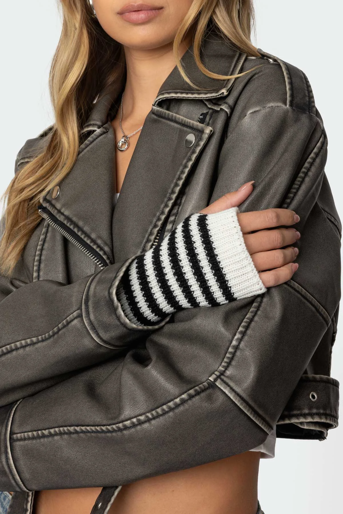 Black and White Striped Knitted Fingerless Gloves