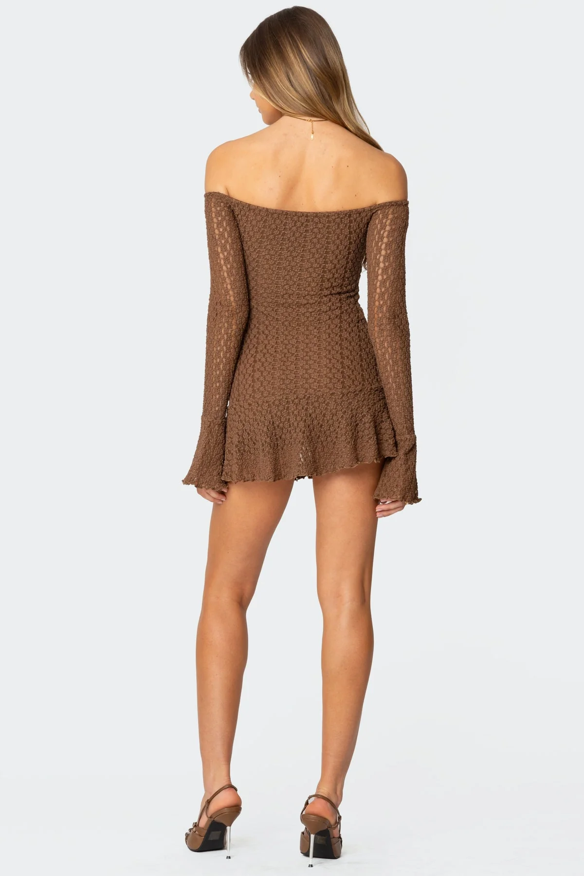 Brown Off Shoulder Textured Mini Dress
