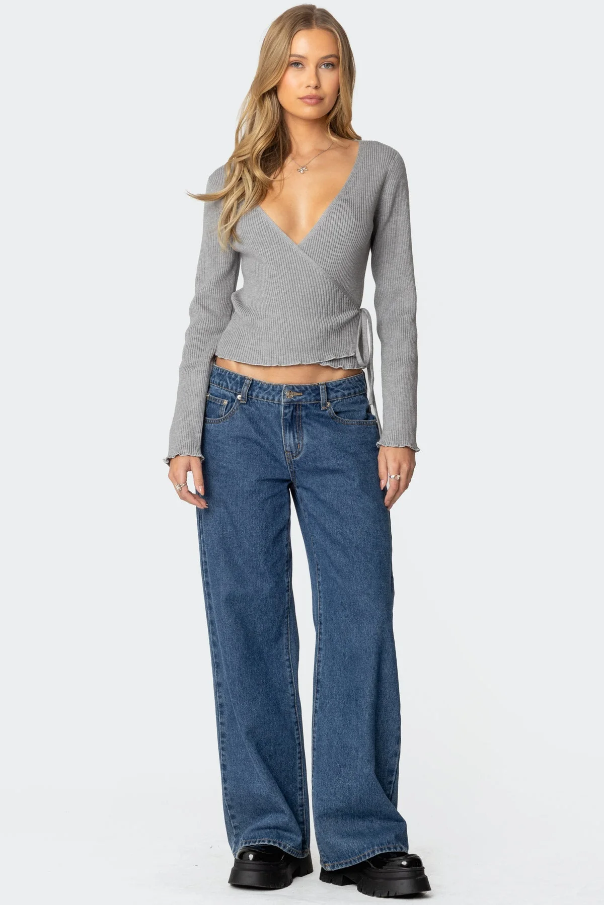 Gray Ribbed Knit Sweater Wrap