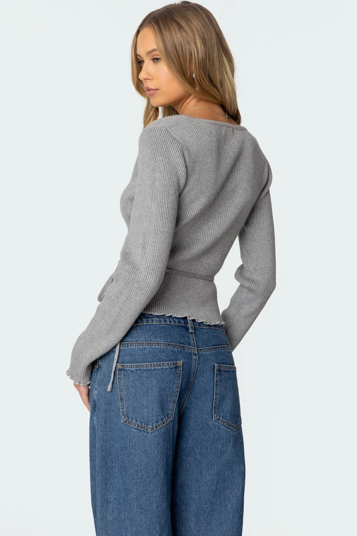 Gray Ribbed Knit Sweater Wrap