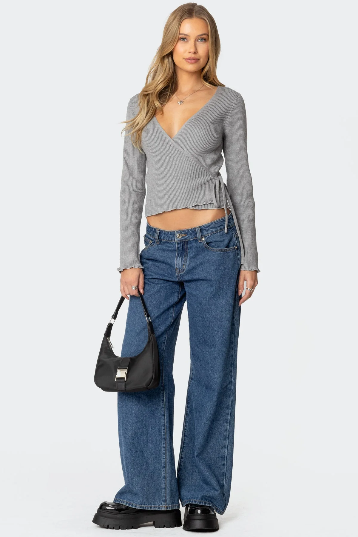 Gray Ribbed Knit Sweater Wrap