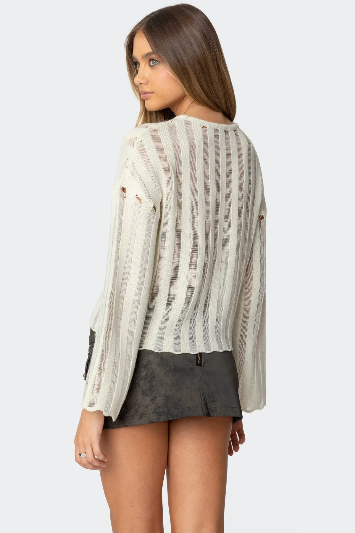 Cream Knit Sweater with Shredded Stripes