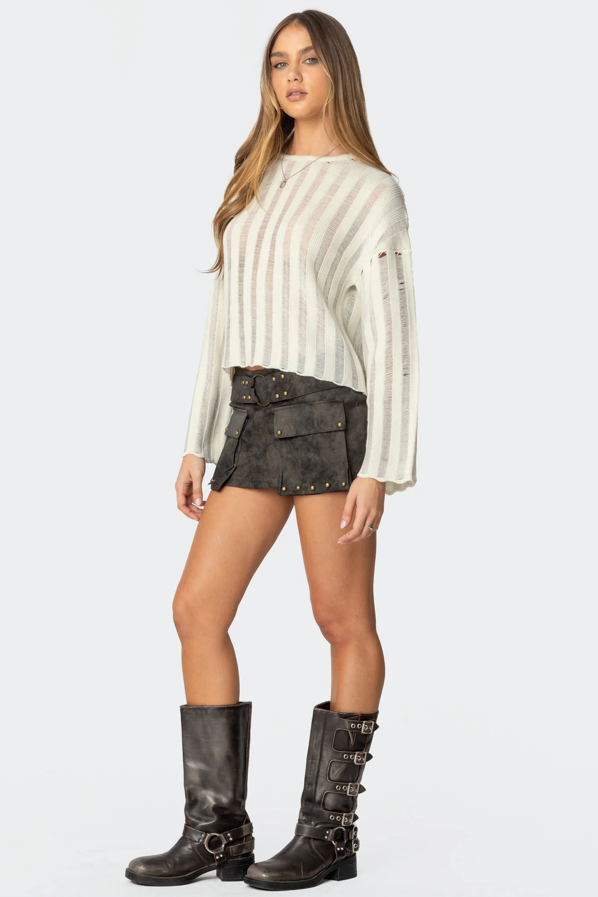 Cream Knit Sweater with Shredded Stripes