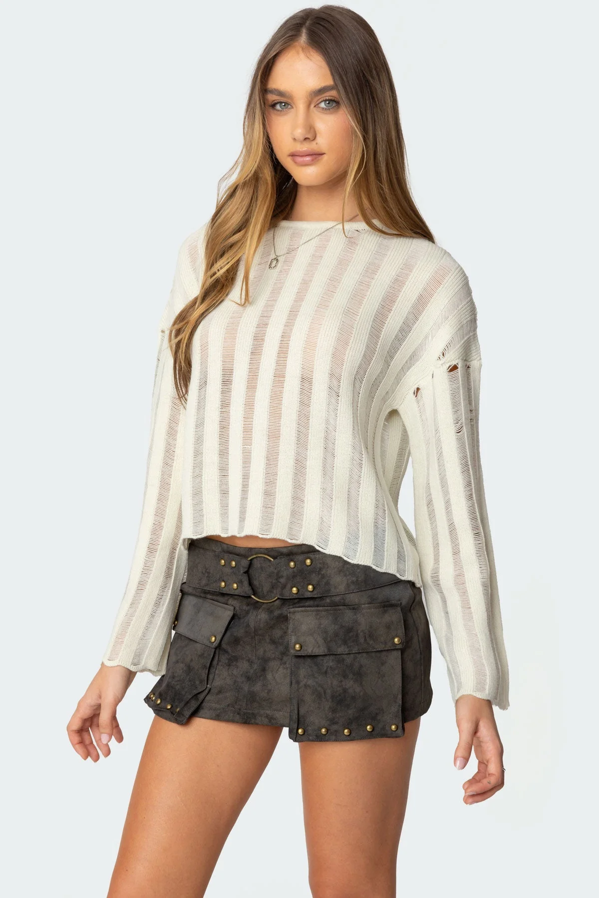 Cream Knit Sweater with Shredded Stripes
