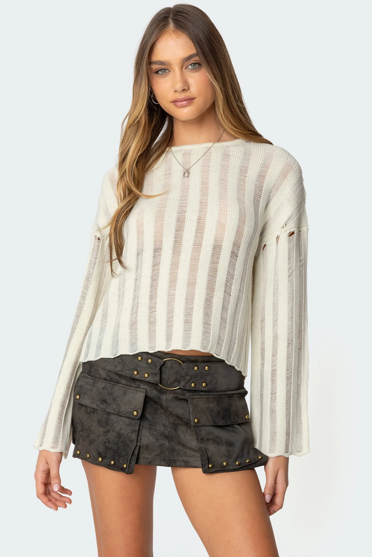 Cream Knit Sweater with Shredded Stripes