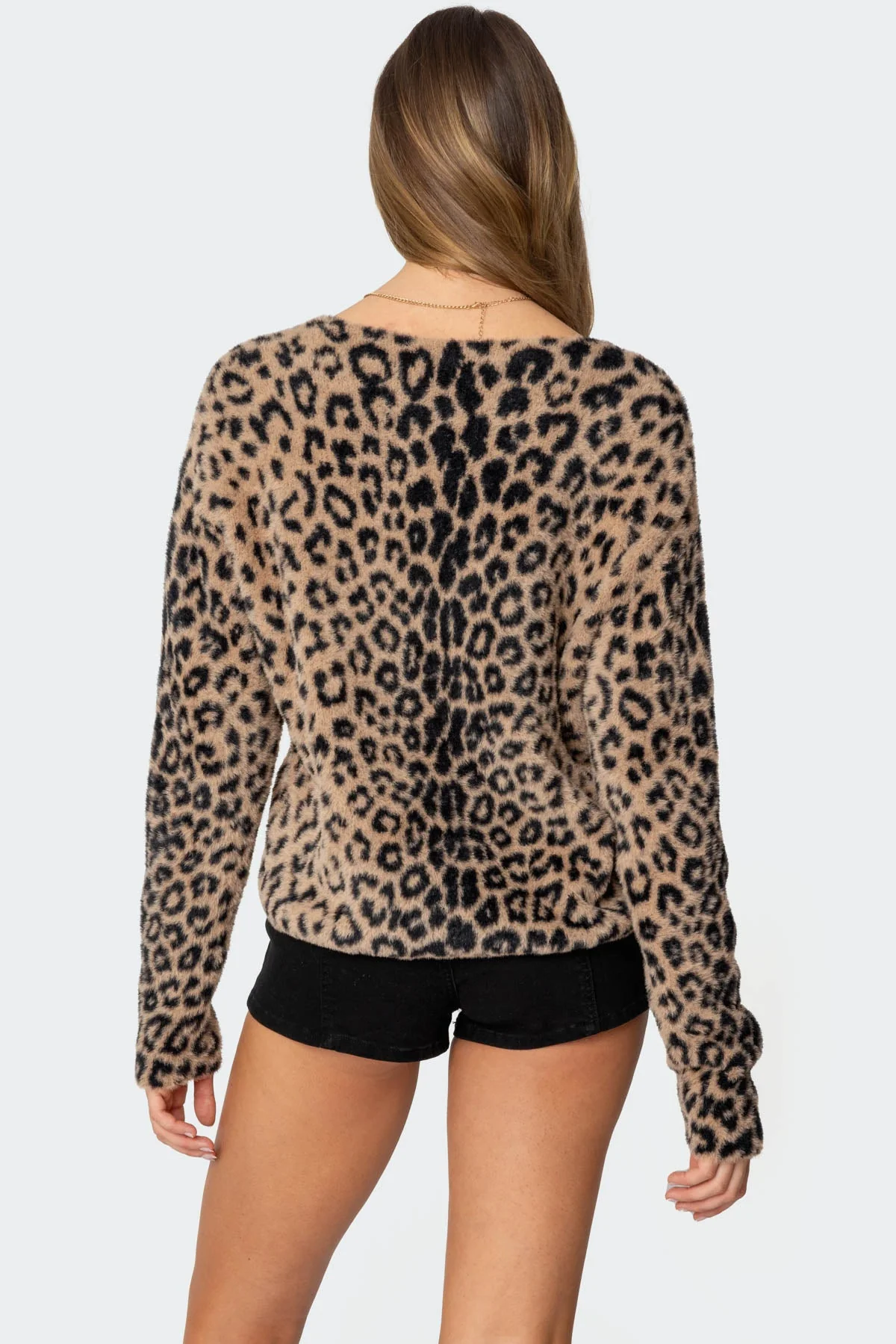 Leopard Print V-Neck Cardigan in Brown Fuzzy Knit Fabric