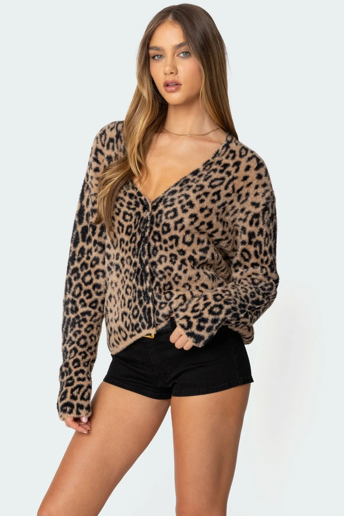 Leopard Print V-Neck Cardigan in Brown Fuzzy Knit Fabric