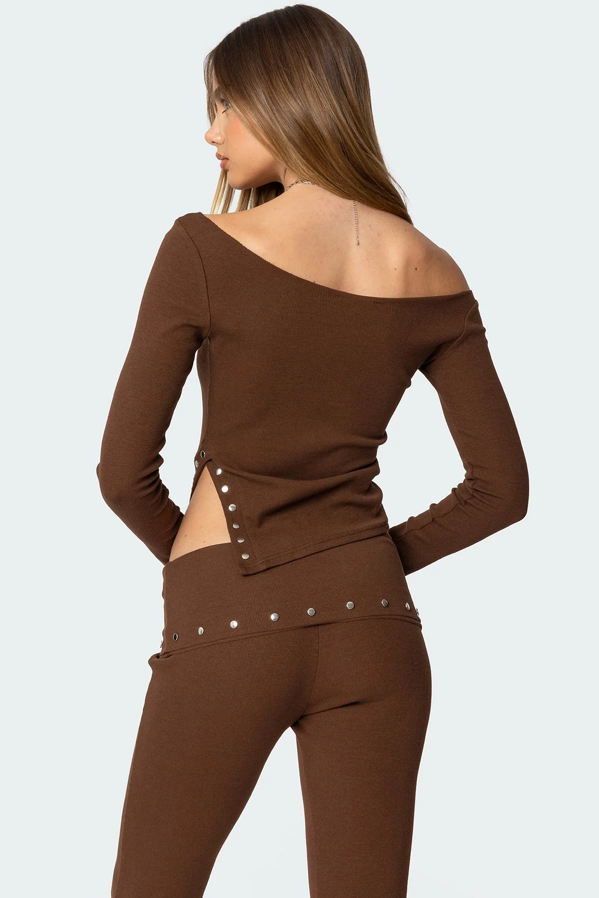 Brown Studded Asymmetric Top for Aries Women