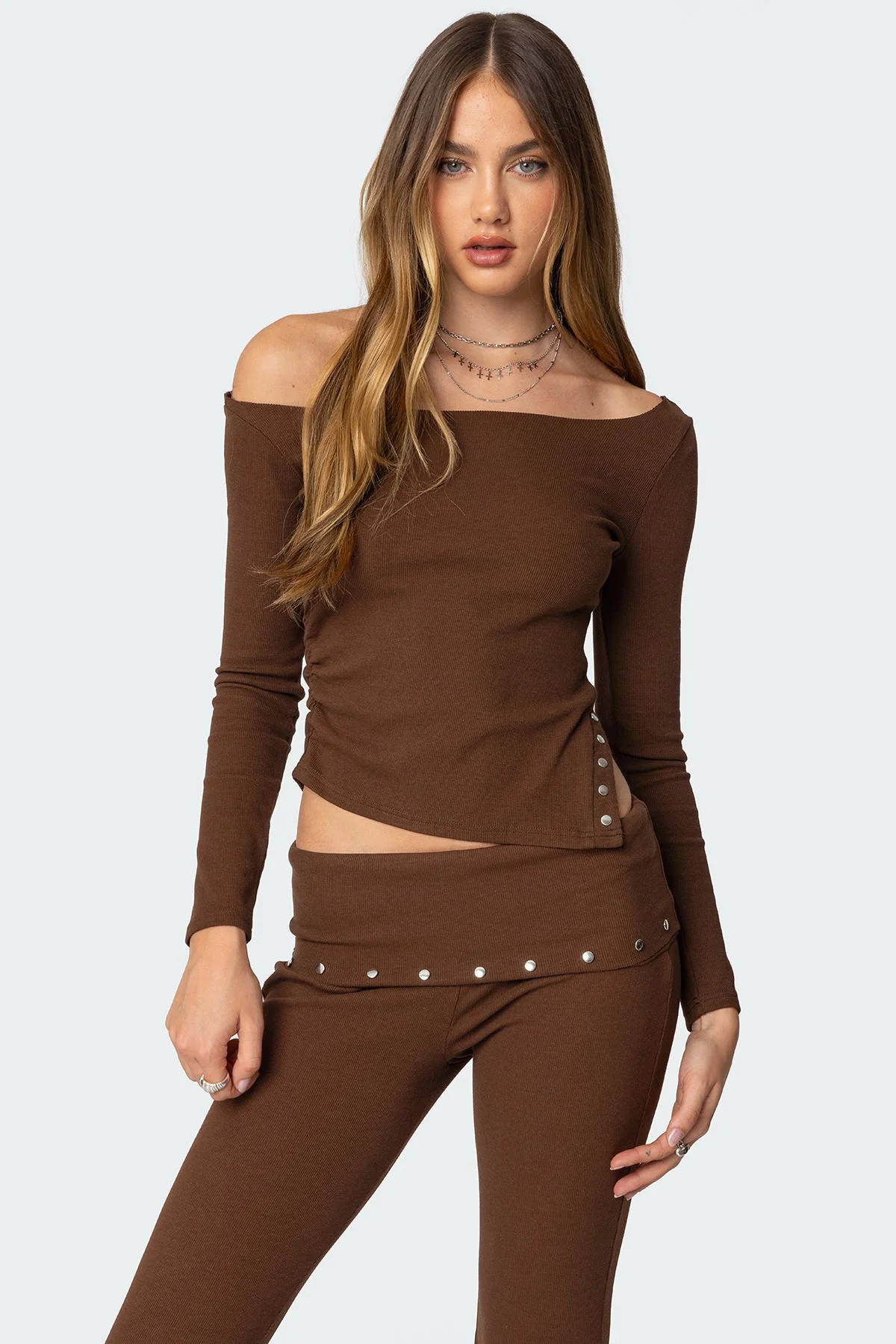 Brown Studded Asymmetric Top for Aries Women