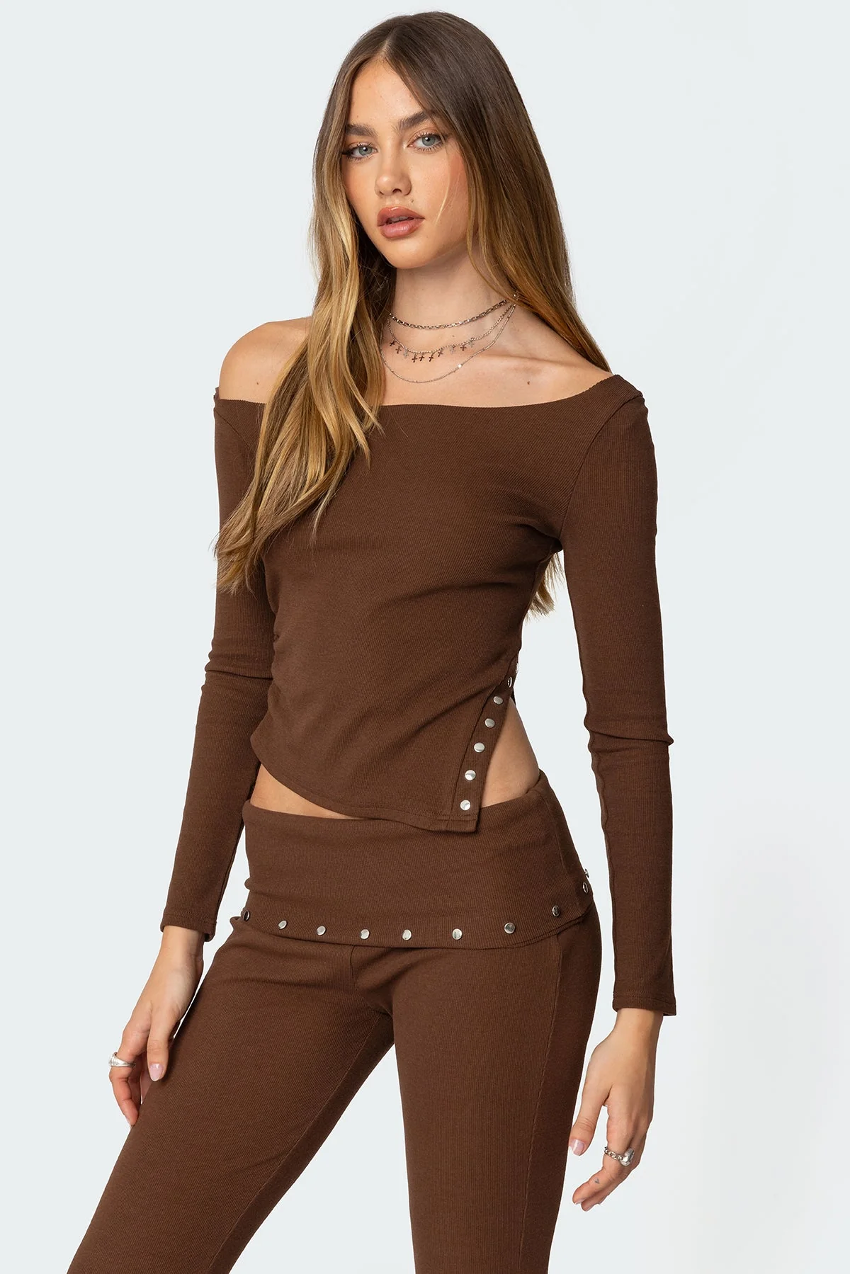 Brown Studded Asymmetric Top for Aries Women