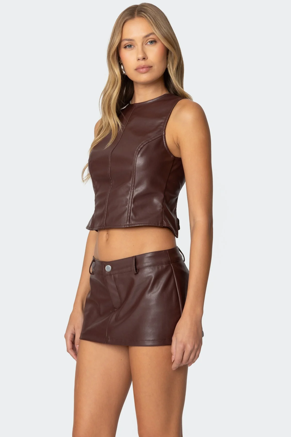 Brown Faux Leather Backless Top for Women