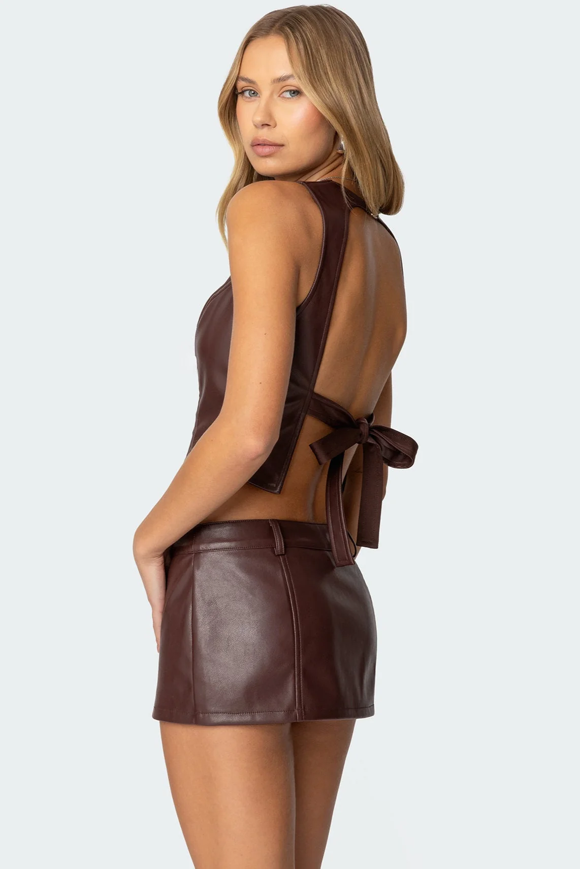 Brown Faux Leather Backless Top for Women