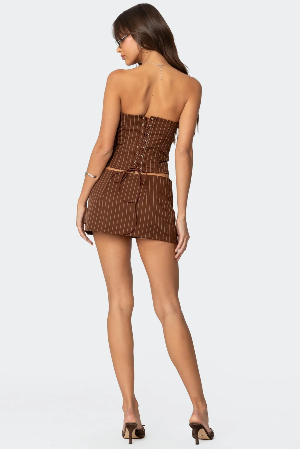 Lace Up Pinstripe Corset in Brown, Jennifer Style