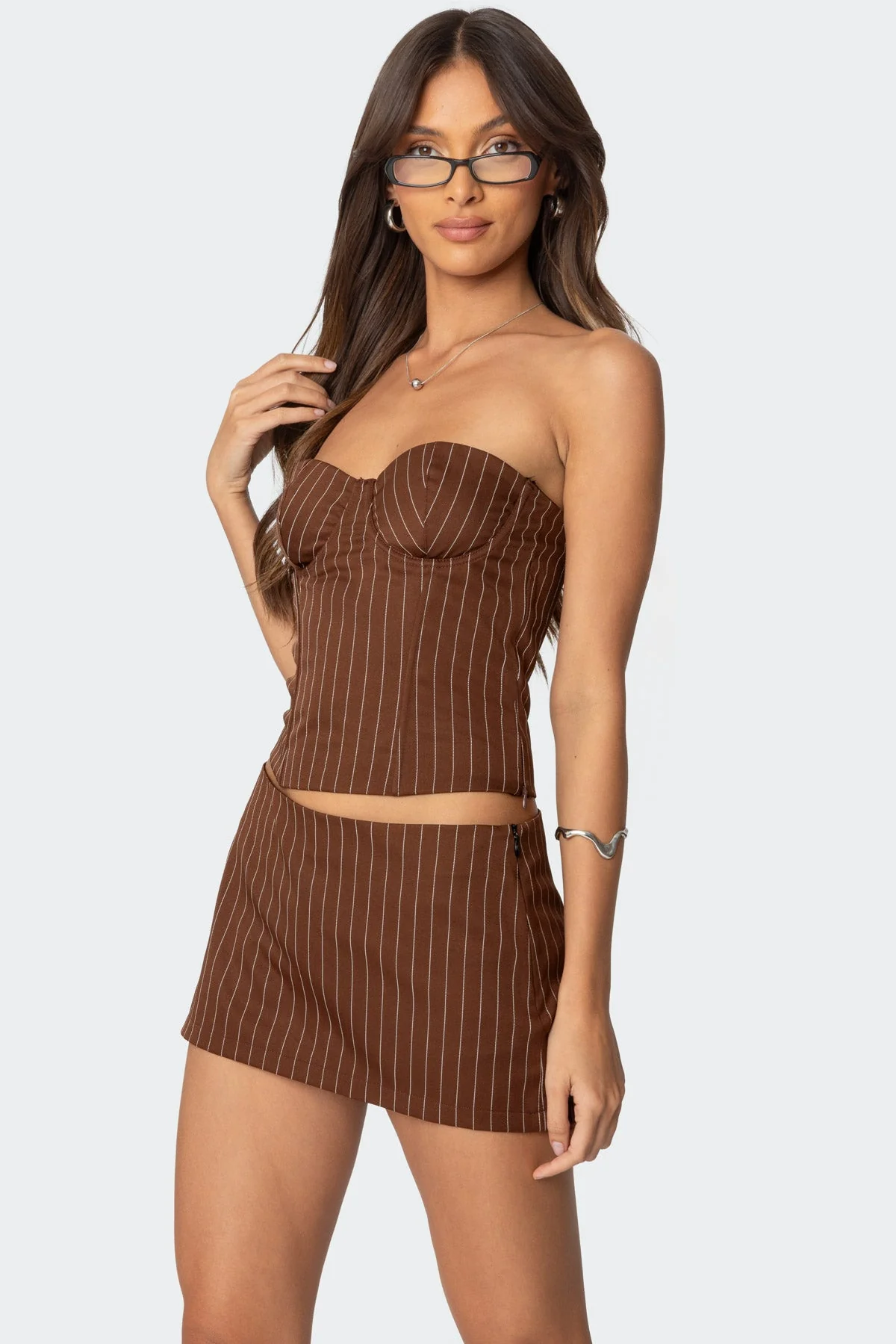 Lace Up Pinstripe Corset in Brown, Jennifer Style
