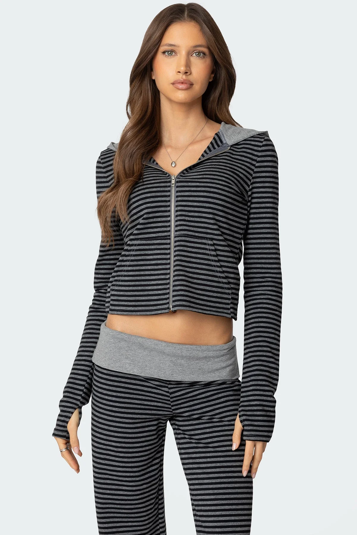Striped Zip Up Hoodie for Women Black and Gray