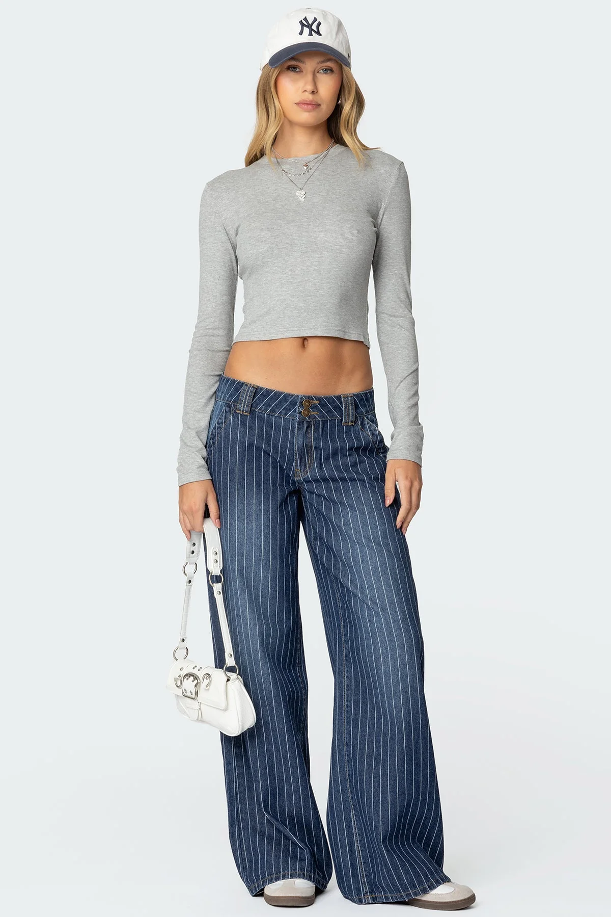 Classic Blue Striped Denim Jeans - Low Rise Wide Leg Fit