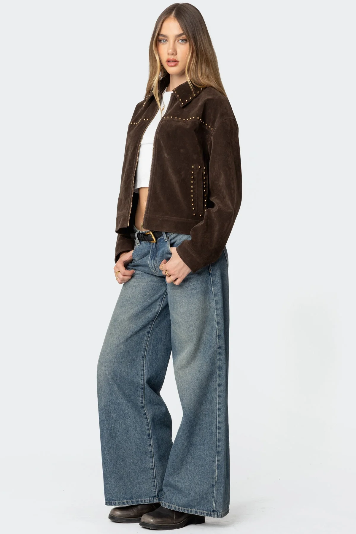 Brown Studded Faux Suede Jacket - Stylish Collared Design