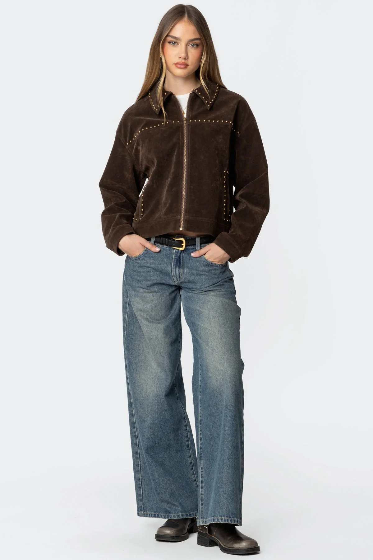 Brown Studded Faux Suede Jacket - Stylish Collared Design