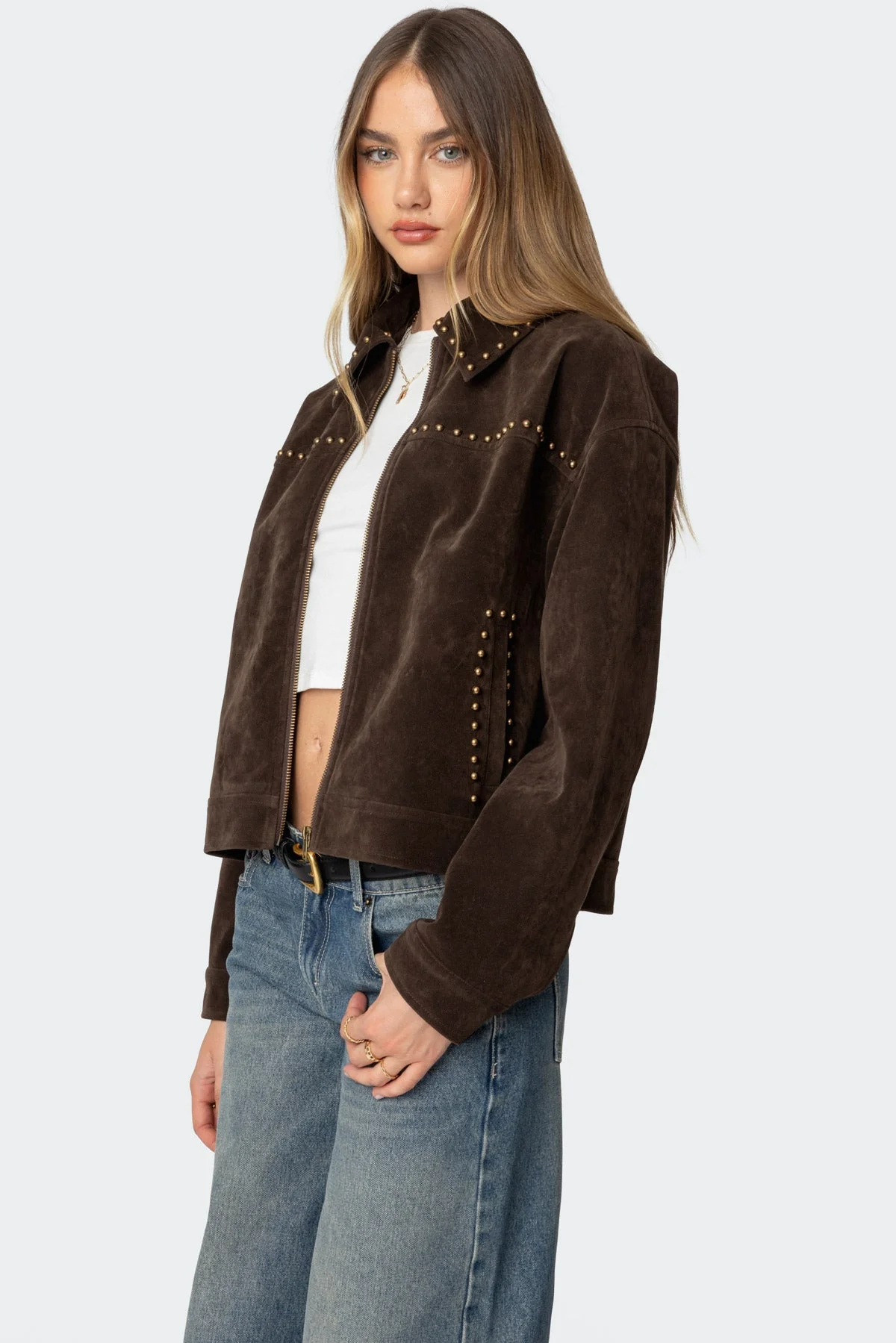 Brown Studded Faux Suede Jacket - Stylish Collared Design