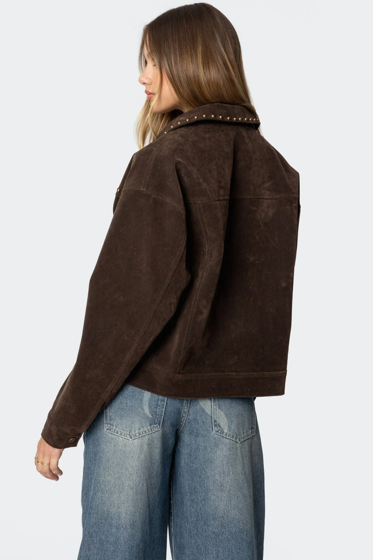 Brown Studded Faux Suede Jacket - Stylish Collared Design
