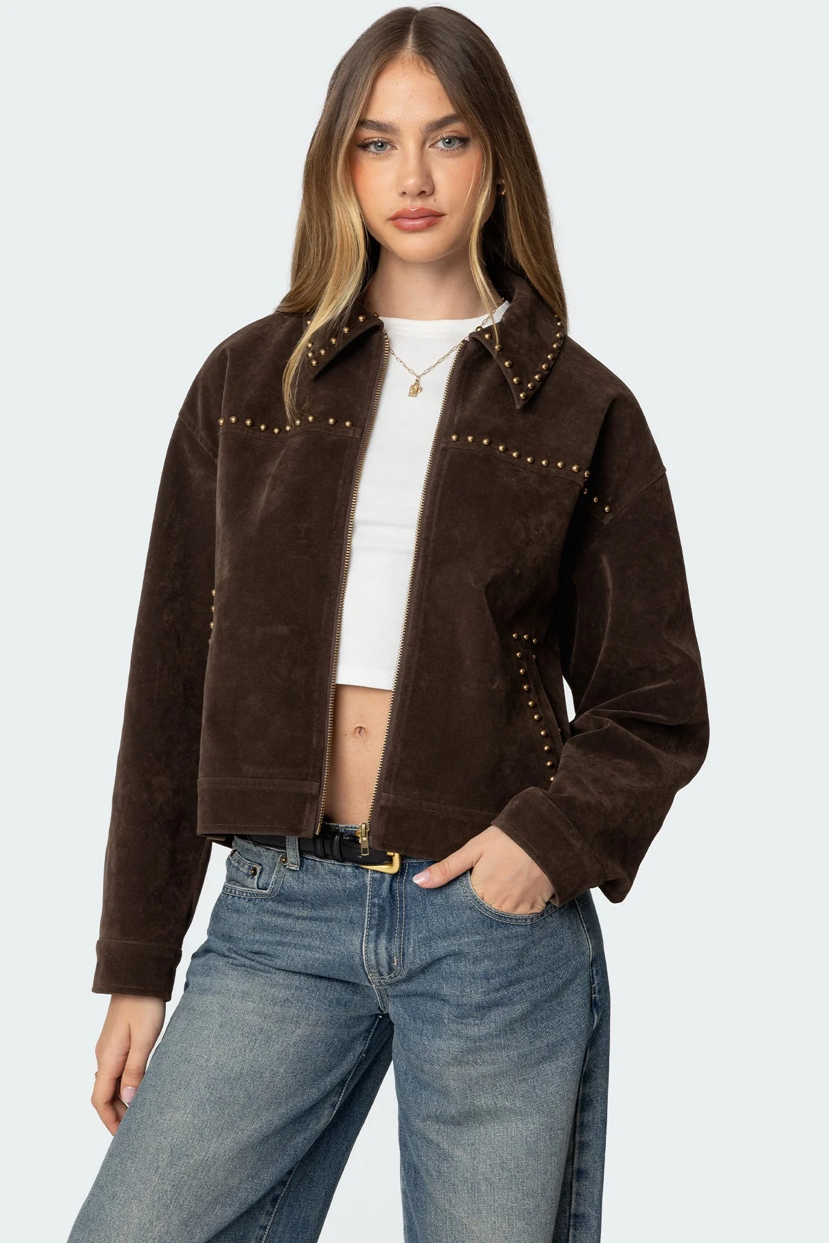 Brown Studded Faux Suede Jacket - Stylish Collared Design