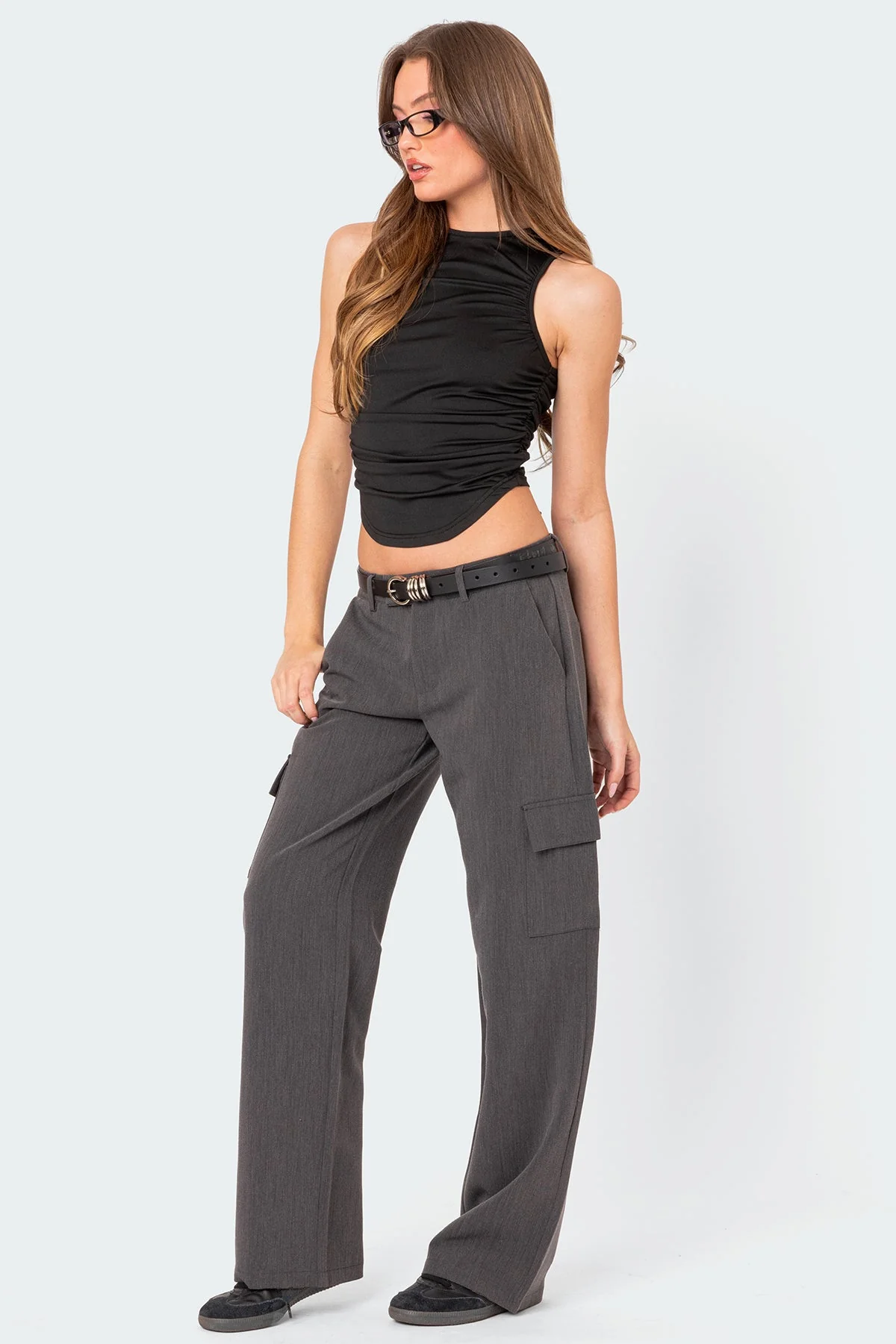 Ruched Tank Top - Black Polyester Spandex Curved Hem