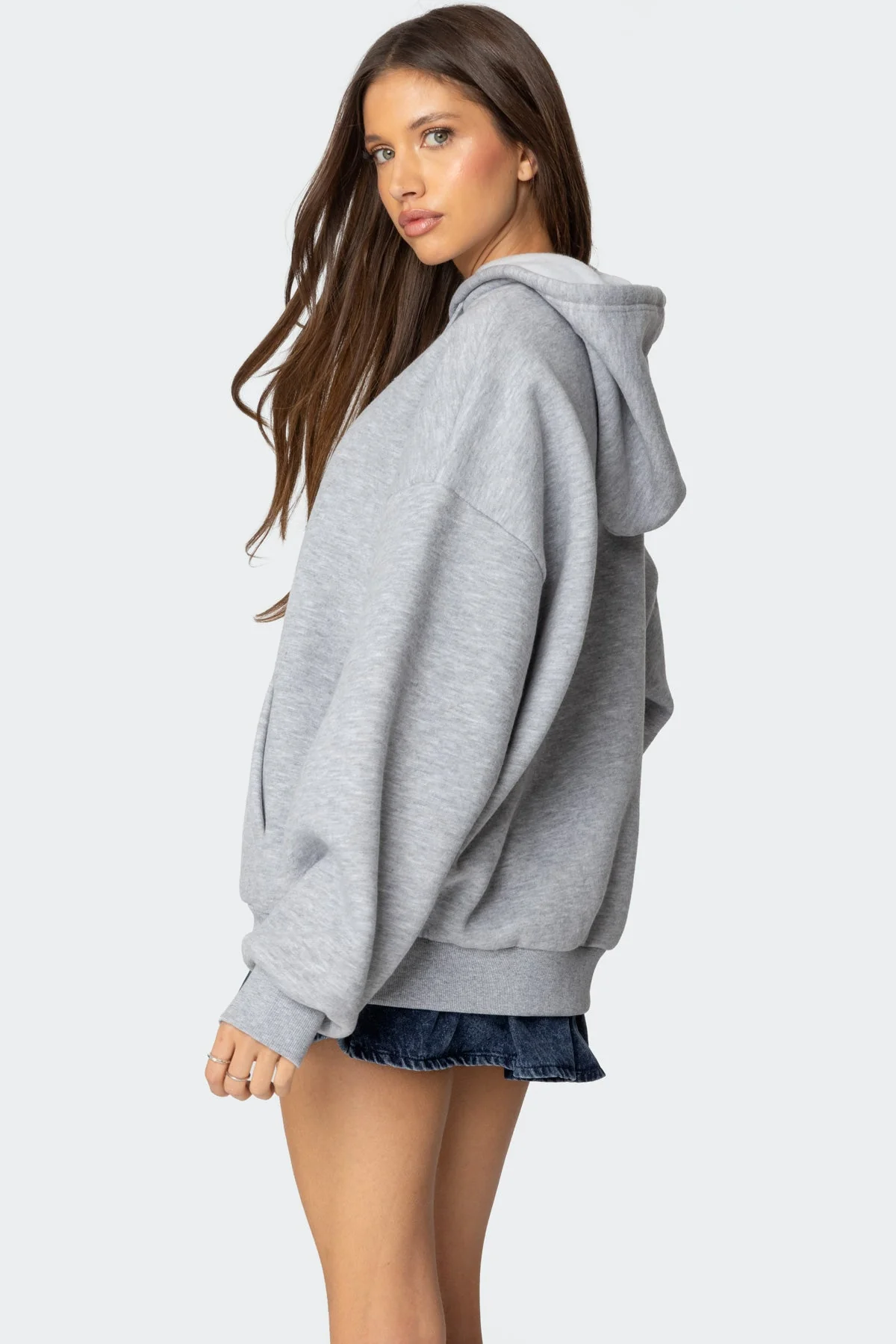 Graphic Print Oversized Gray Melange Hoodie
