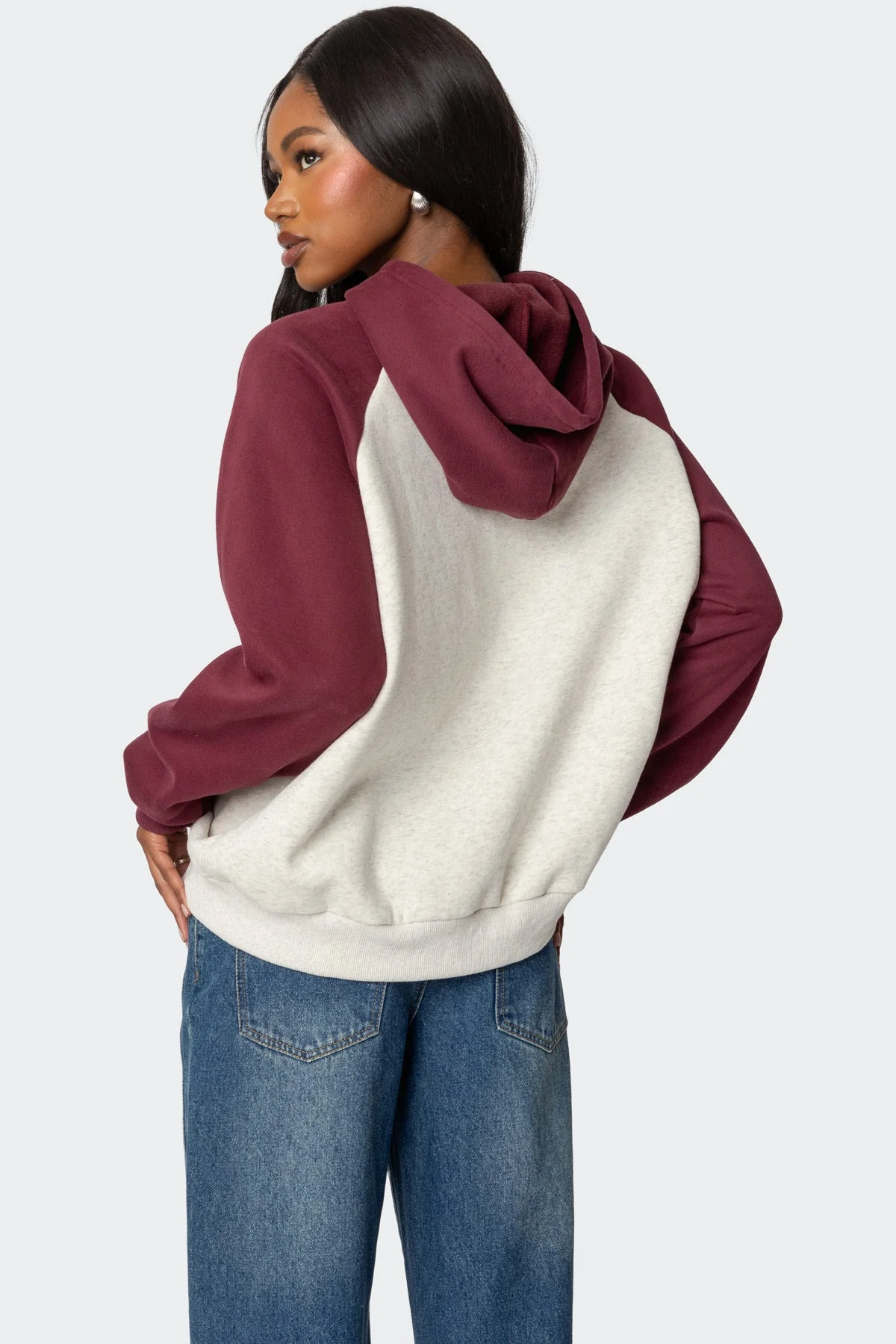 Oversized Bow Detail Hoodie in Burgundy and Gray