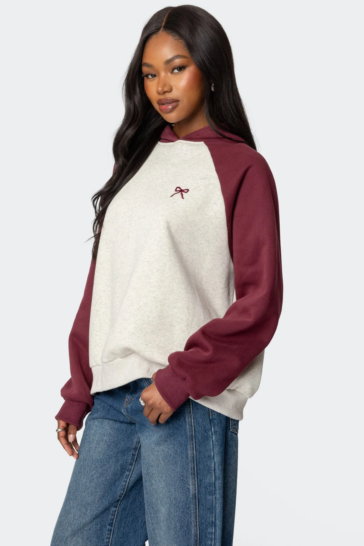Oversized Bow Detail Hoodie in Burgundy and Gray