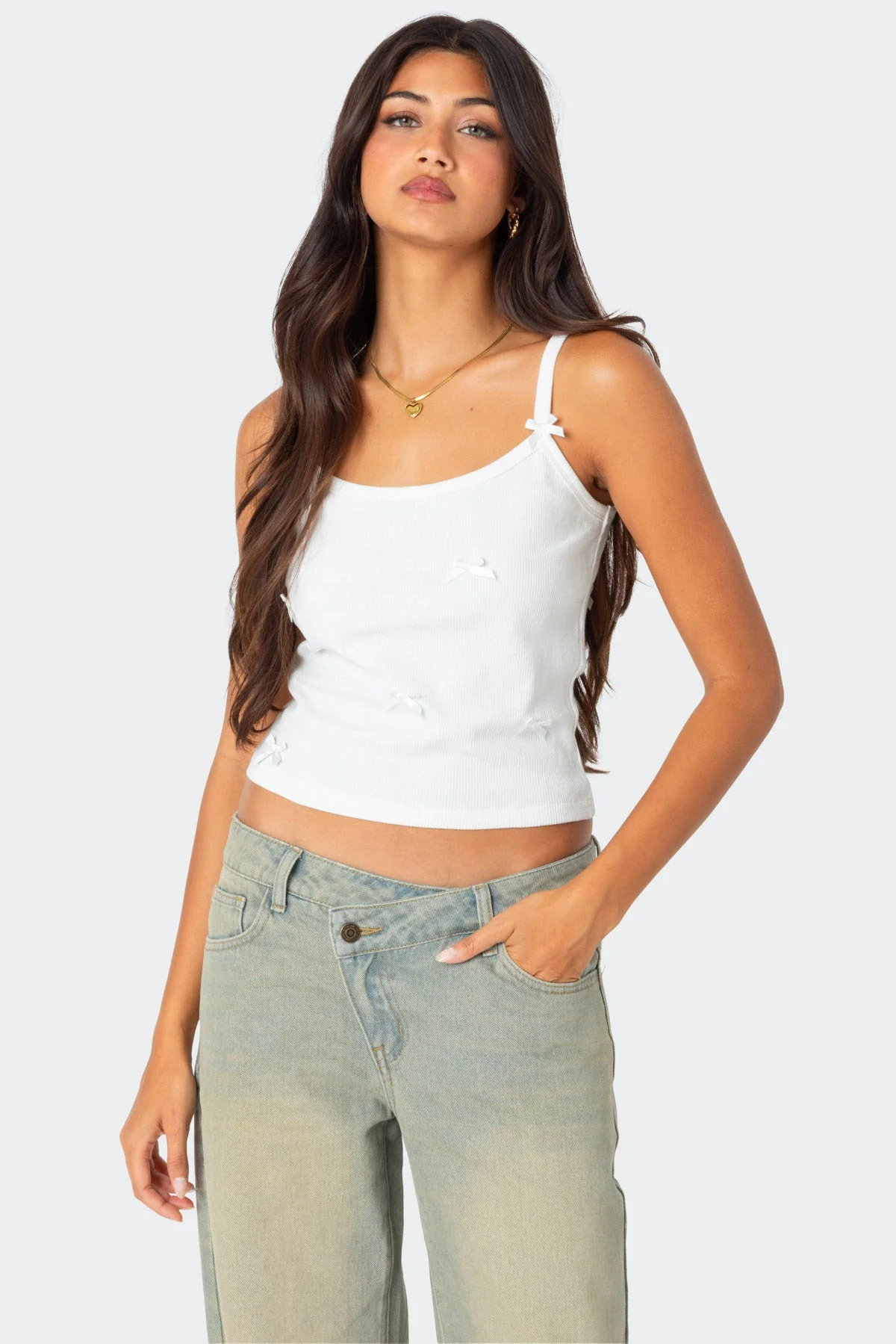 Ribbed White Bow Tank Top - Womens Casual Sleeveless Shirt