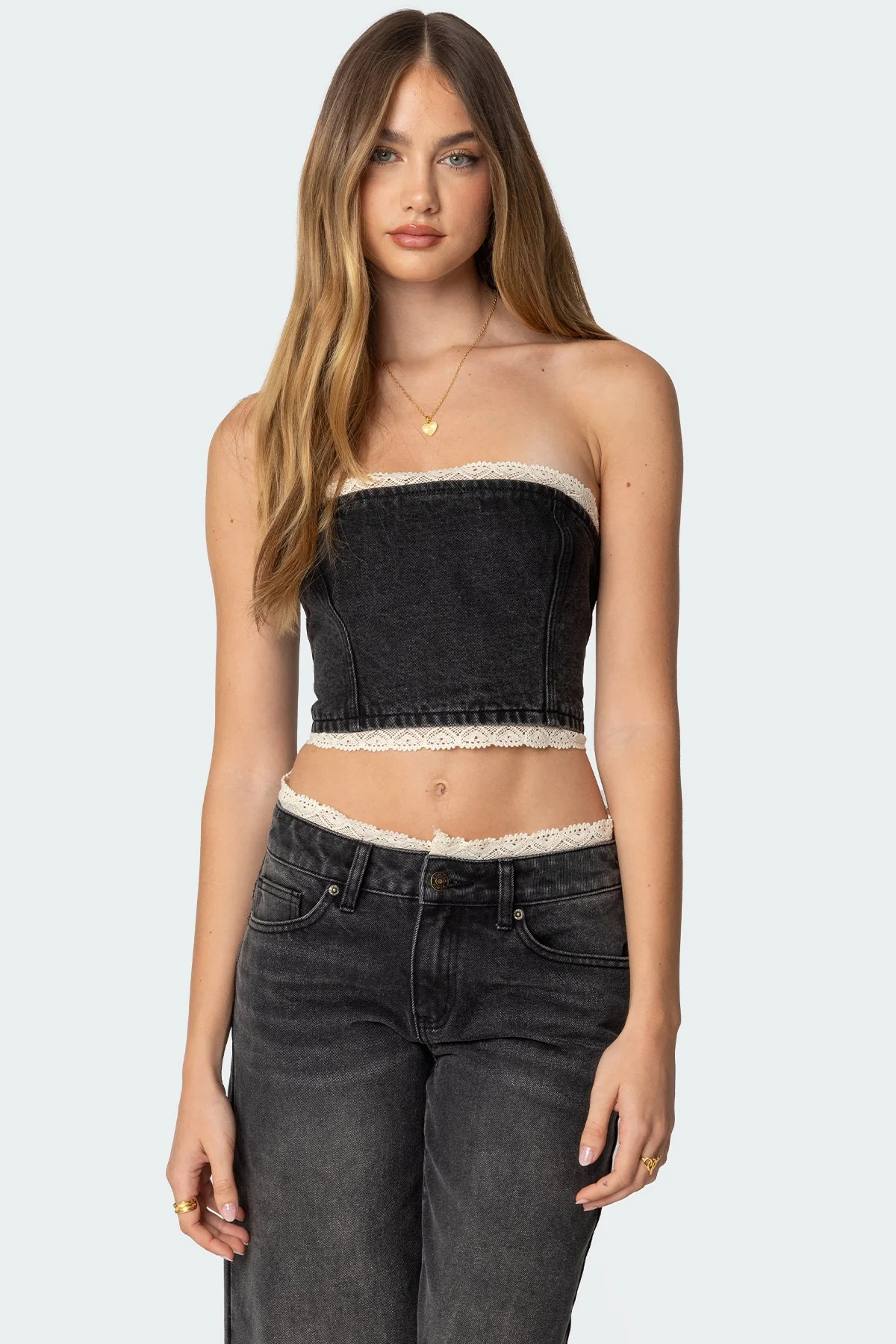 Denim Lace Trim Tube Top in Black Washed Cotton